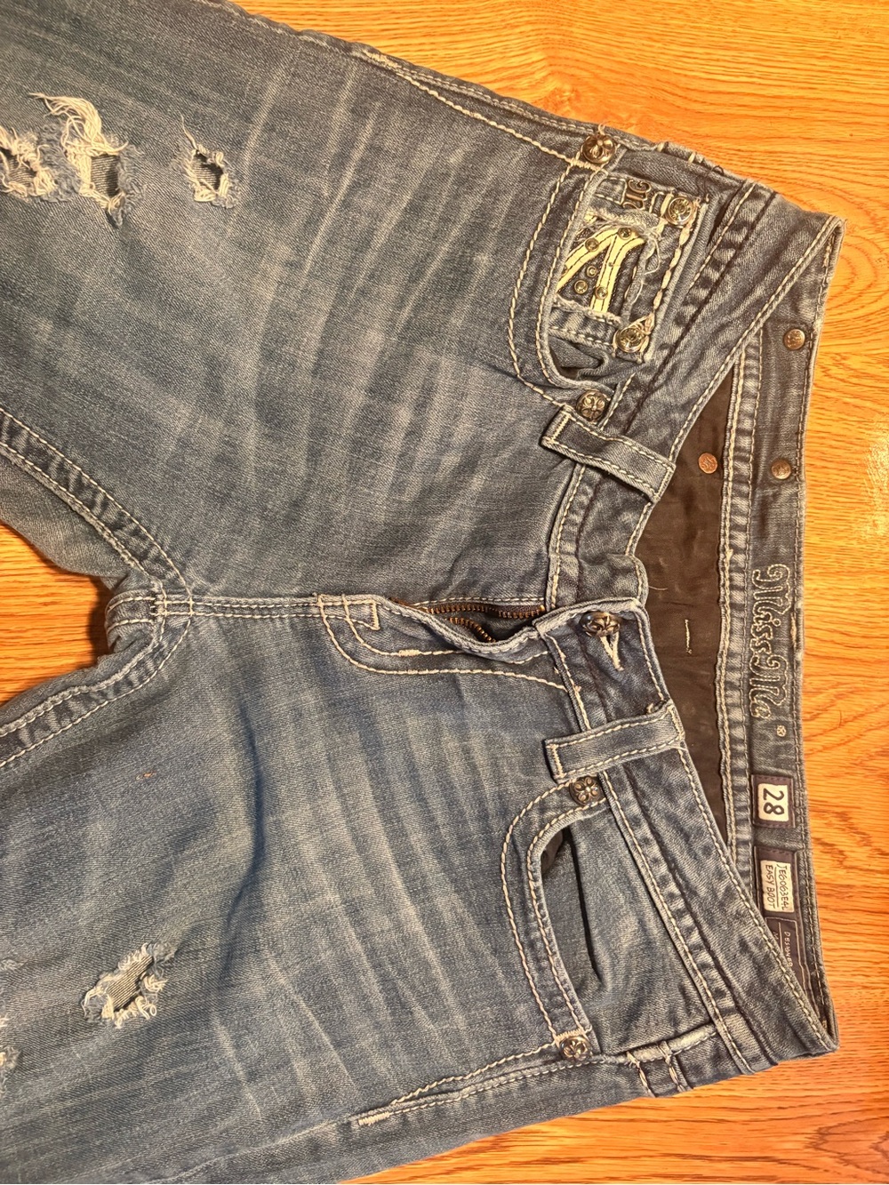 Miss Me faded blue distressed slim-straight jeans
